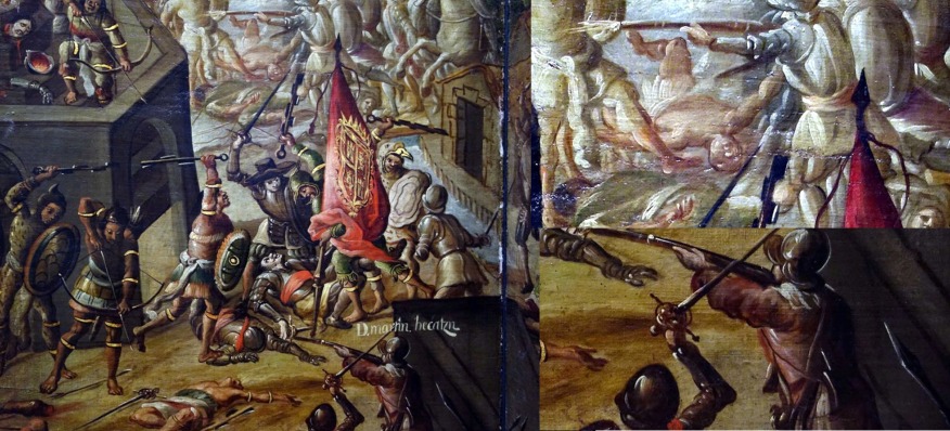 Spanish Conquistadors with Arquebus fight aztecs in conquest of mexico